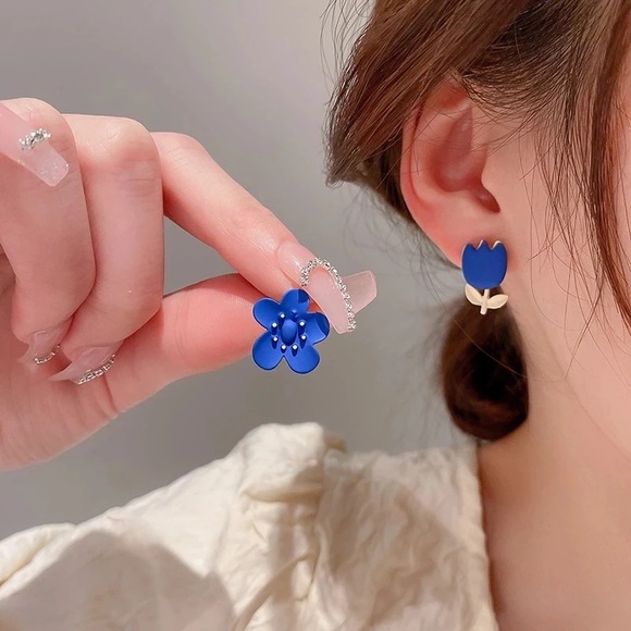 Anthro Cobalt Blue Dopamine Clothes Boho Checked Floral Stud Earrings Jewelry - Picture 6 of 16